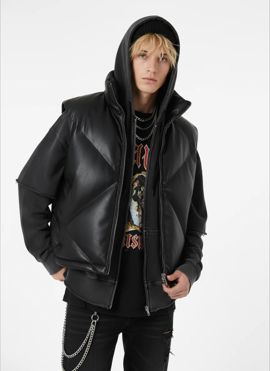 Minimalist Faux Leather Stand Collar Puffer Vest - Image 4