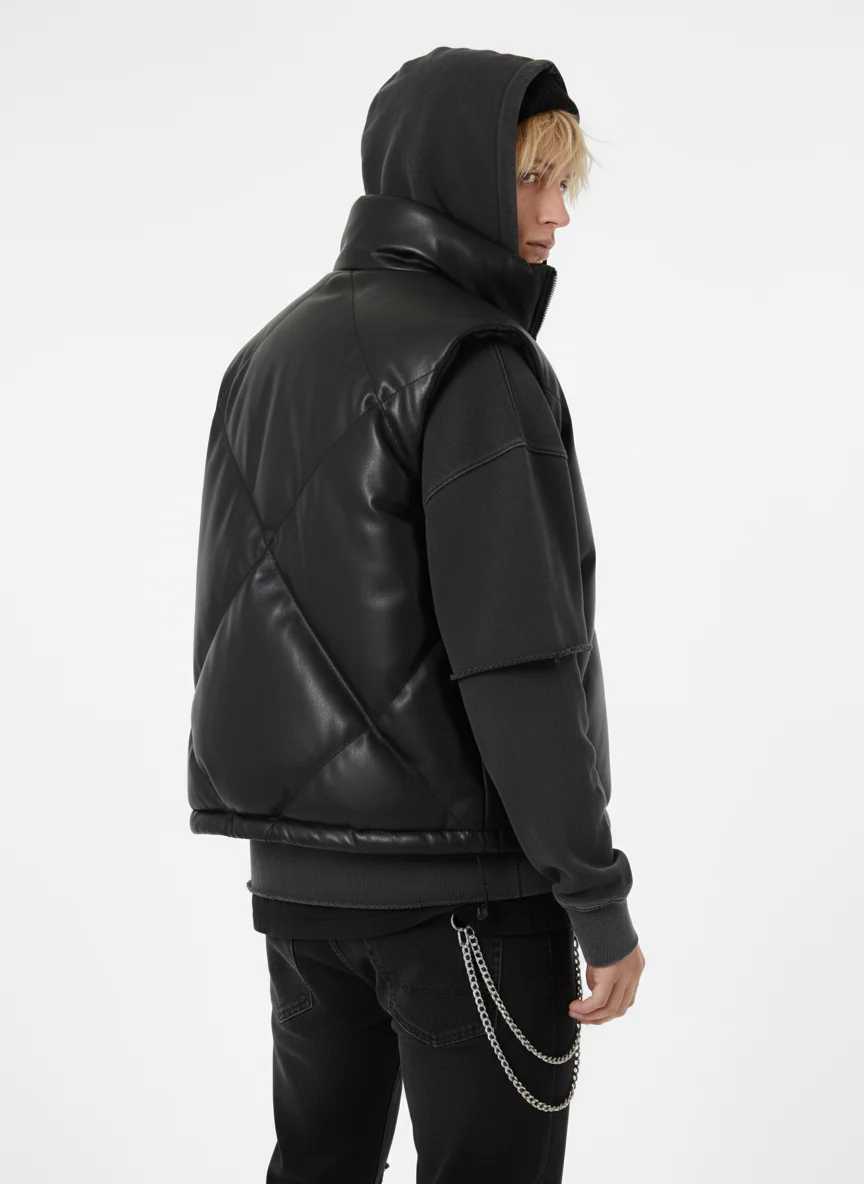 Minimalist Faux Leather Stand Collar Puffer Vest - Image 5