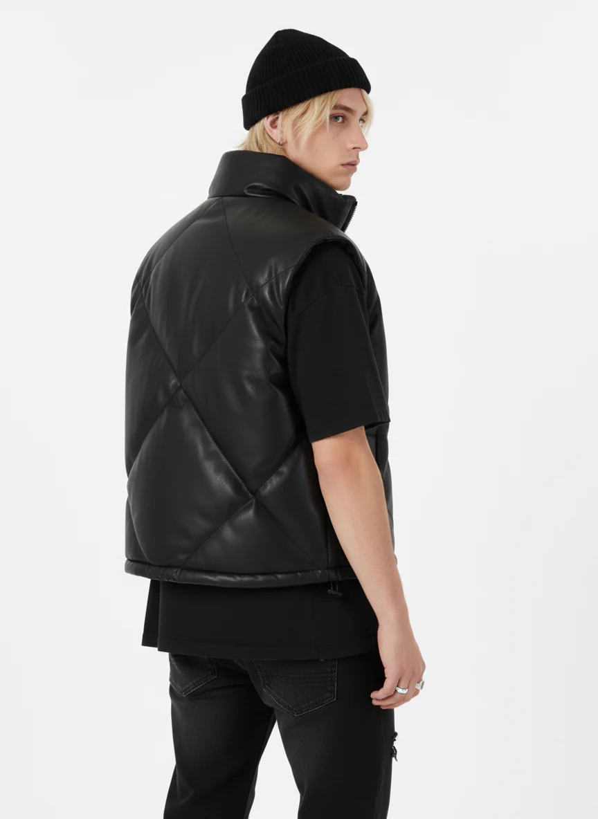 Minimalist Faux Leather Stand Collar Puffer Vest - Image 6