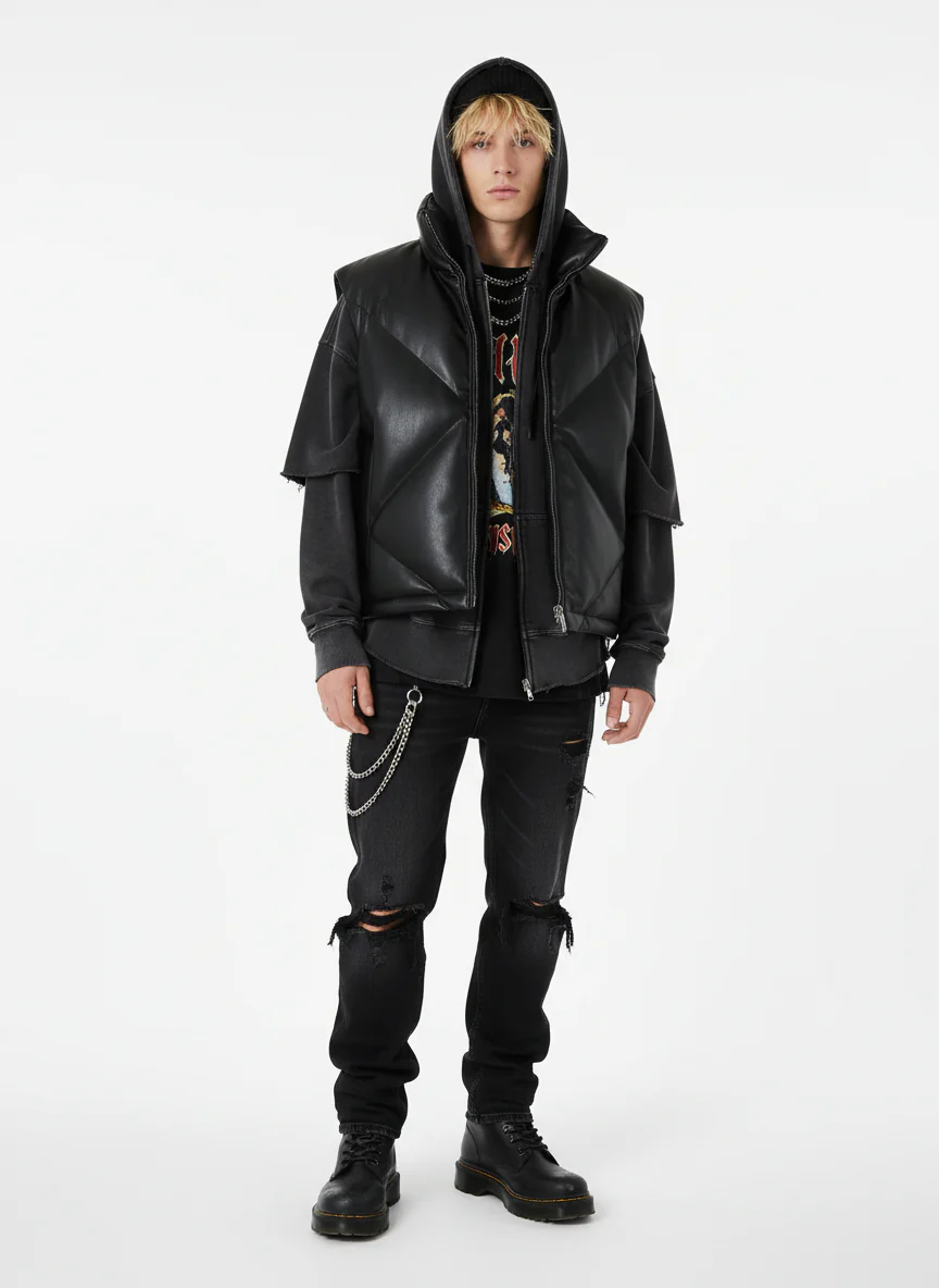 Minimalist Faux Leather Stand Collar Puffer Vest - Image 7