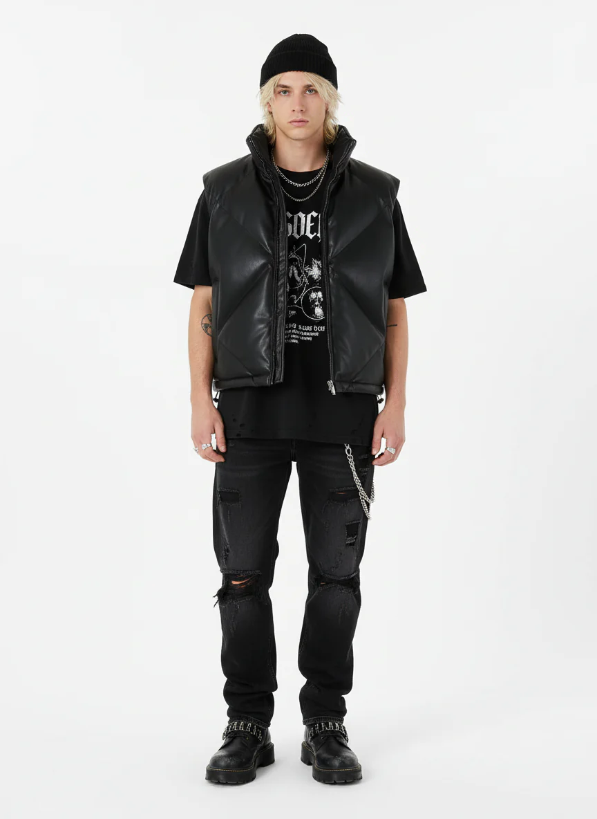 Minimalist Faux Leather Stand Collar Puffer Vest - Image 8
