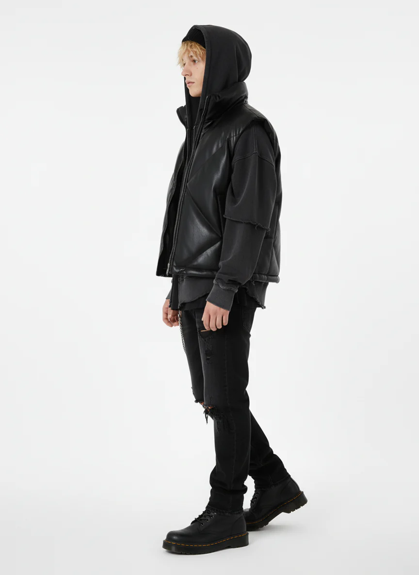 Minimalist Faux Leather Stand Collar Puffer Vest - Image 9
