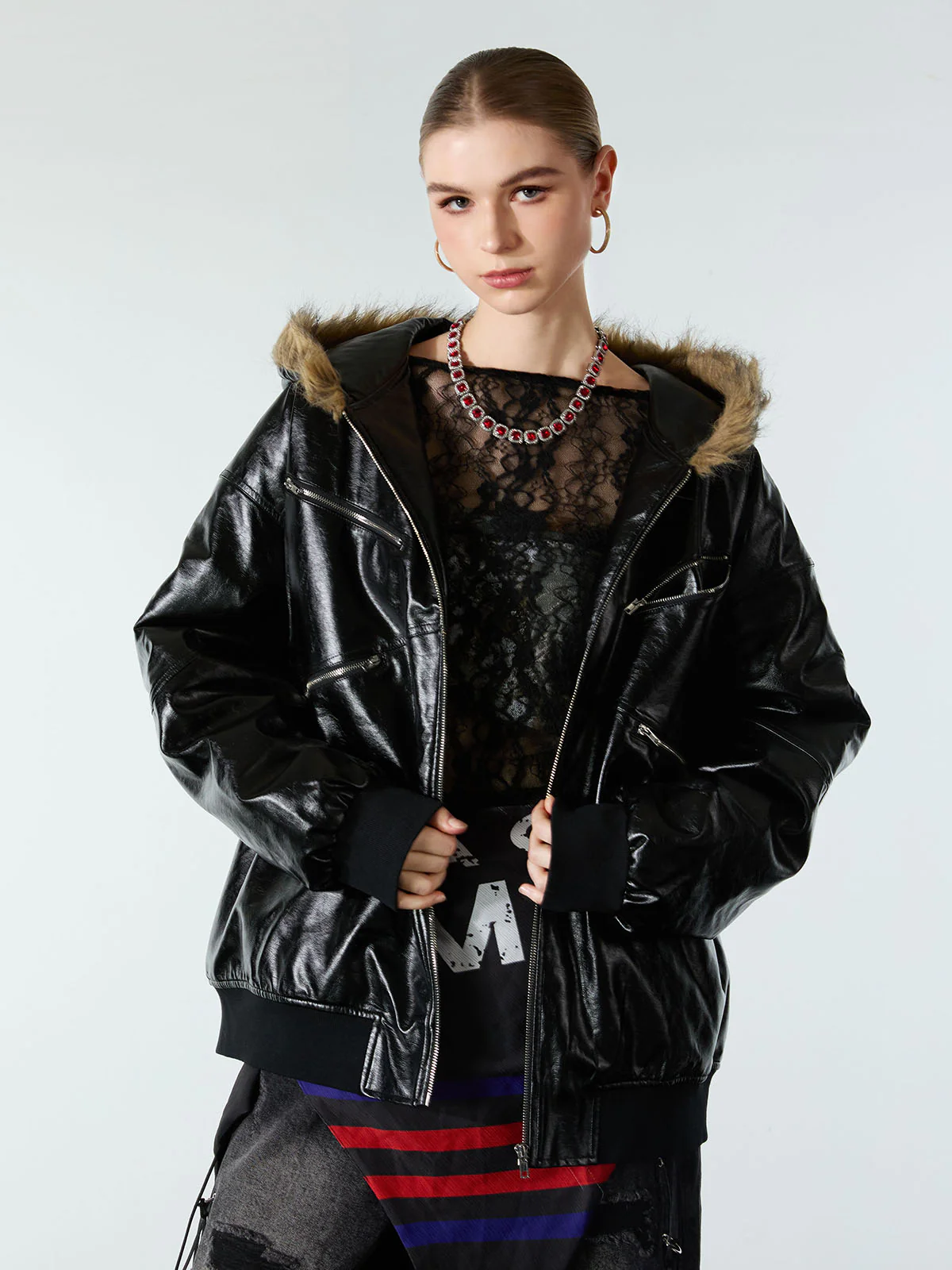 Multi-Zip Fur Hooded Leather Jacket - Image 3