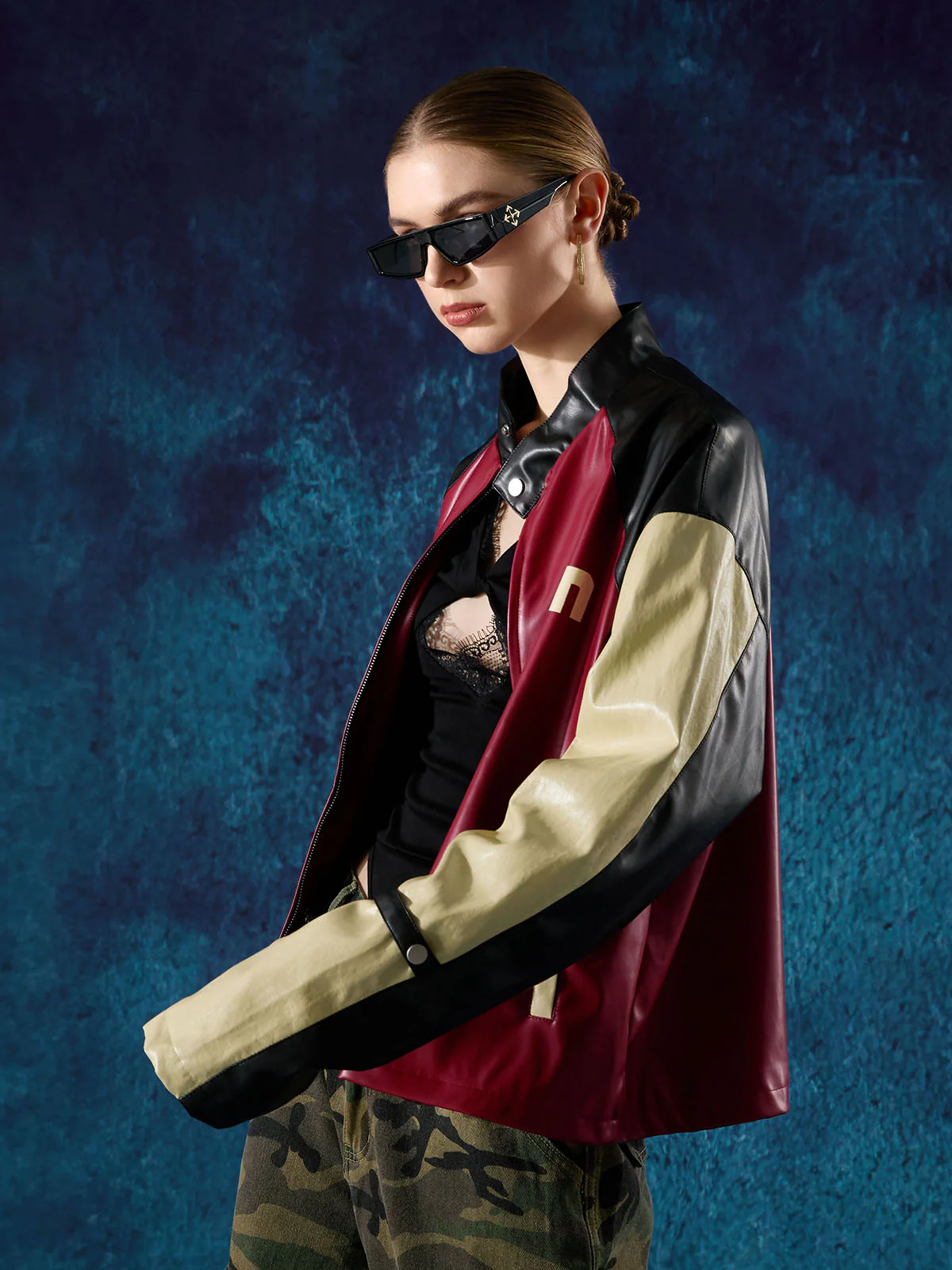 Original Contrast Color Leather Jacket - Image 4