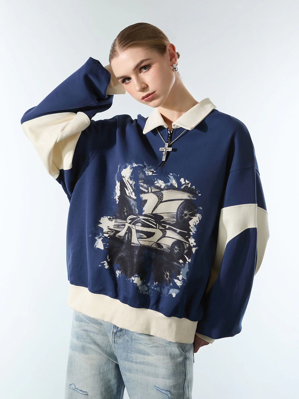 Original Racing Style Print Lapel Sweatshirt - Image 3