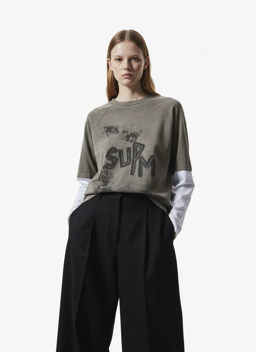 Original Retro Contrast Color Faux Two-Piece Long-Sleeved T-Shirt