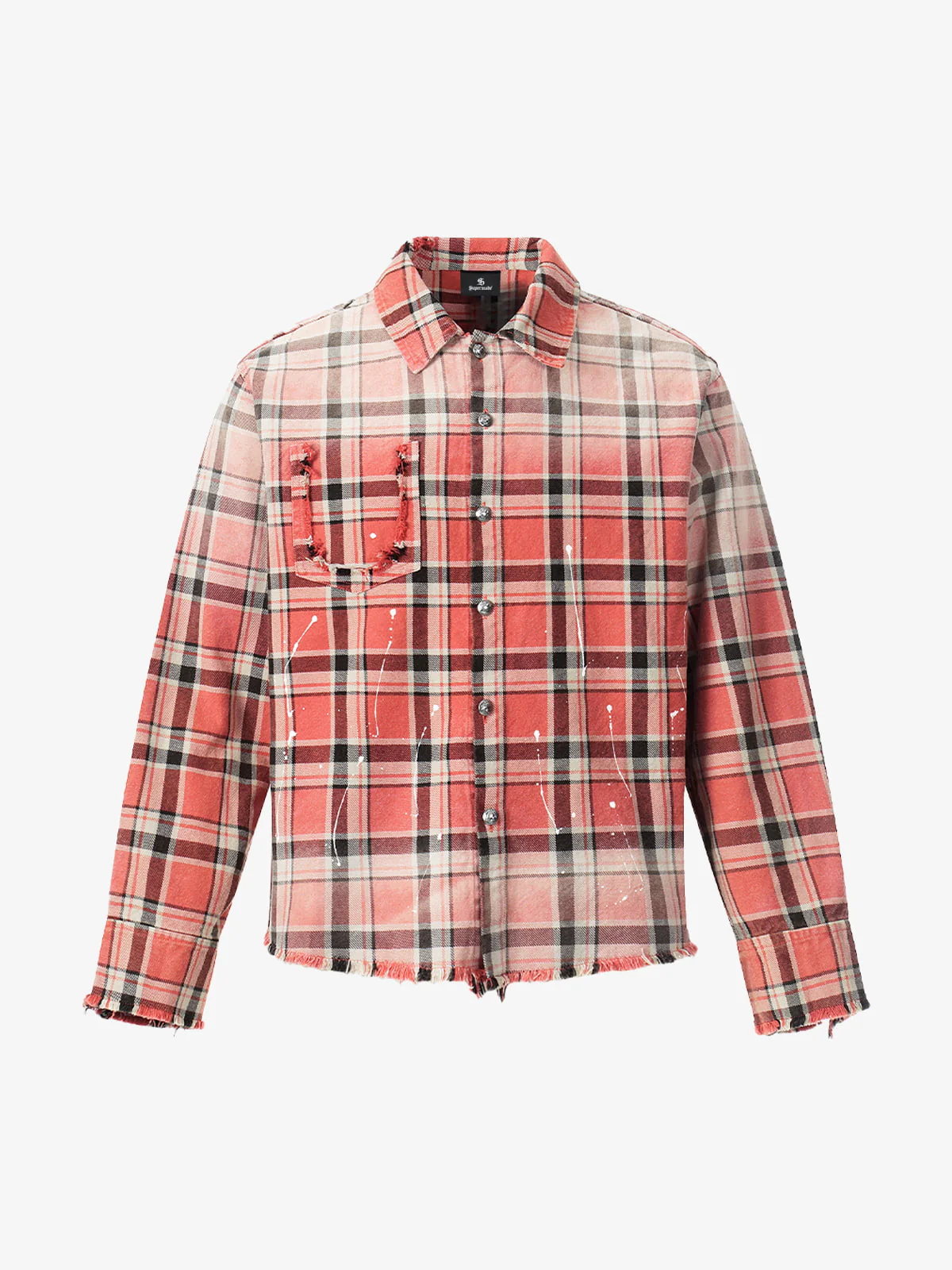 Paint Splatter Plaid Frayed Hem Button Up Shirt