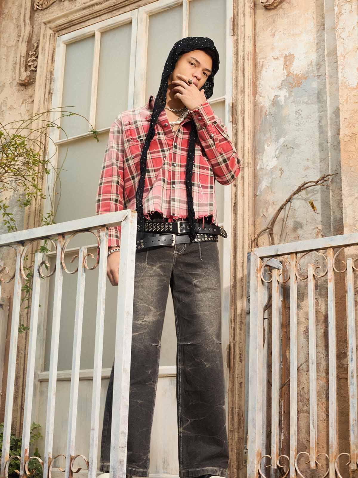 Paint Splatter Plaid Frayed Hem Button Up Shirt - Image 9