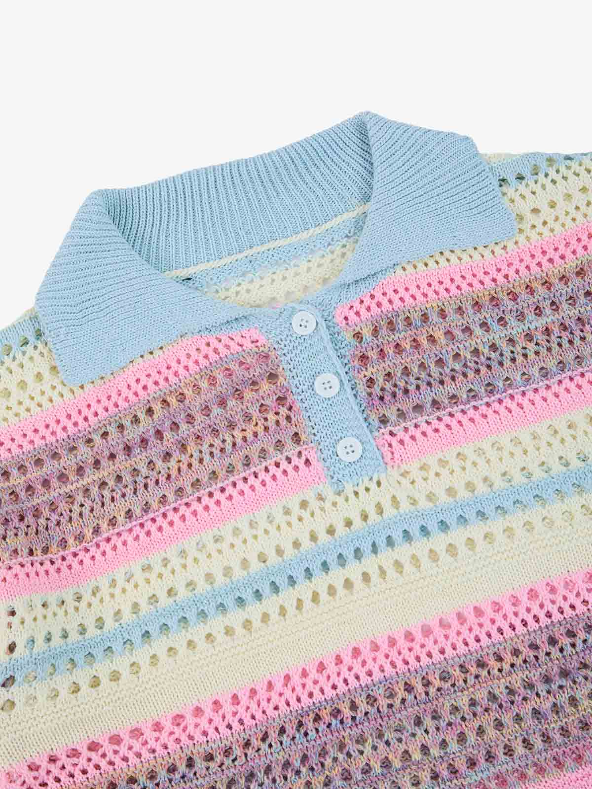 Pastel Striped Crochet Knit Short Sleeve Polo Shirt - Image 11