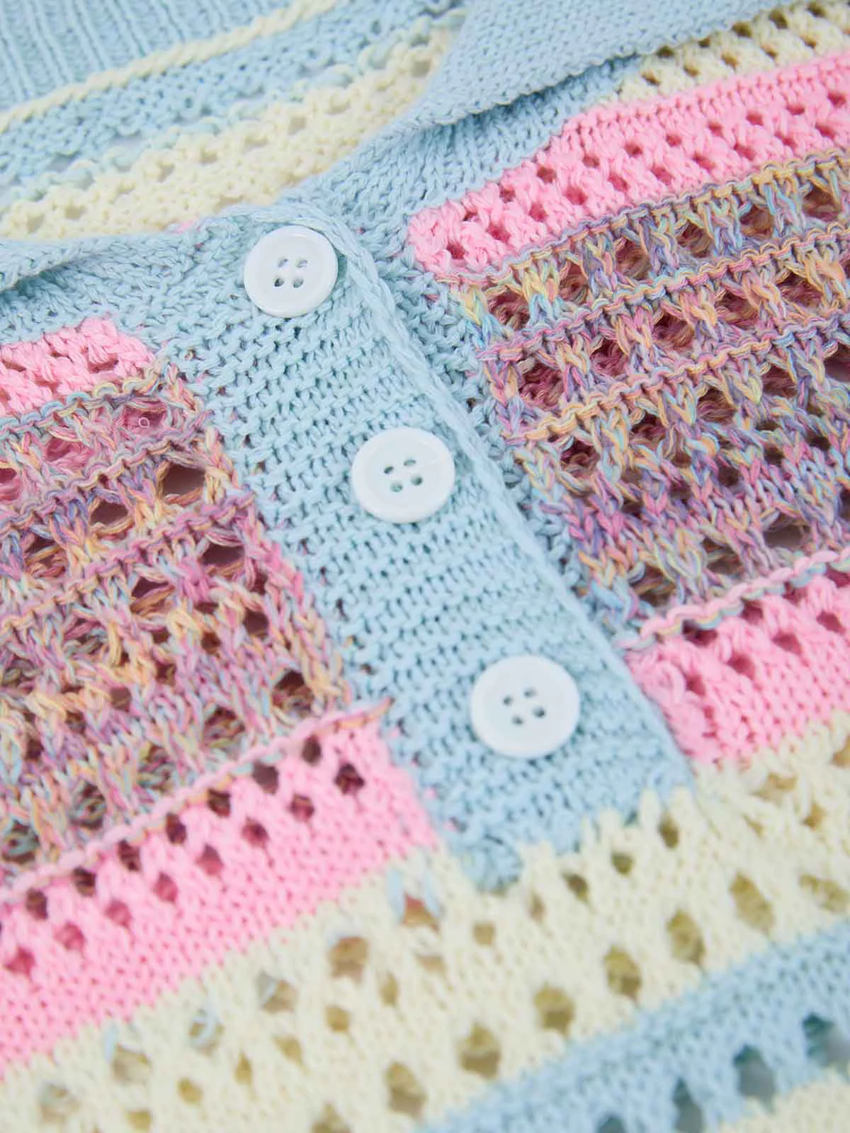 Pastel Striped Crochet Knit Short Sleeve Polo Shirt - Image 12