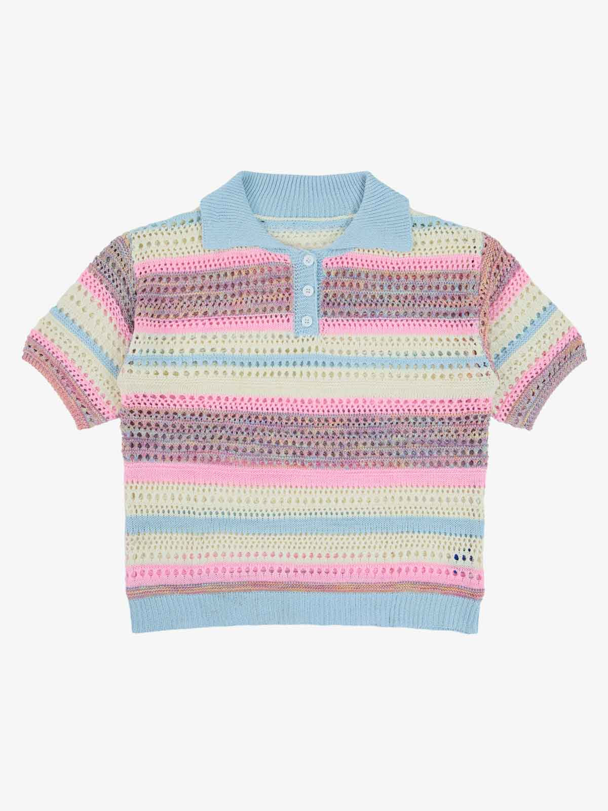 Pastel Striped Crochet Knit Short Sleeve Polo Shirt - Image 2