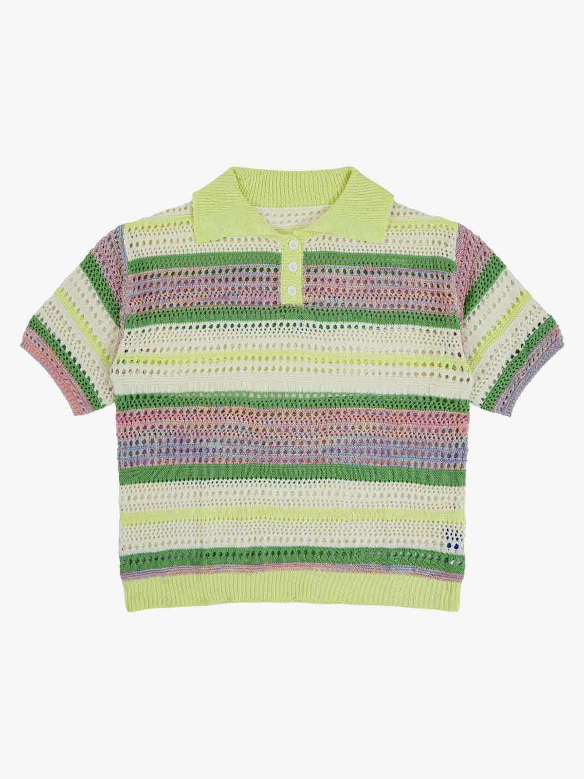 Pastel Striped Crochet Knit Short Sleeve Polo Shirt - Image 3