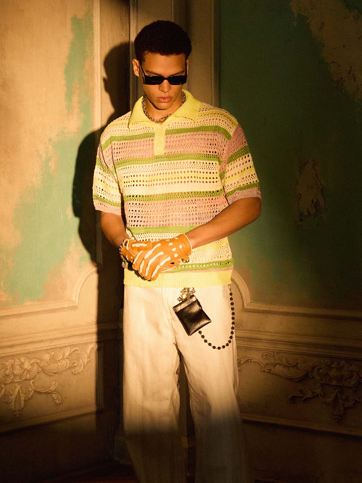 Pastel Striped Crochet Knit Short Sleeve Polo Shirt - Image 4