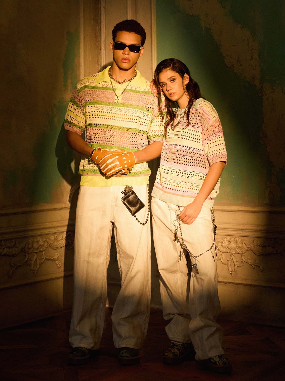 Pastel Striped Crochet Knit Short Sleeve Polo Shirt - Image 5