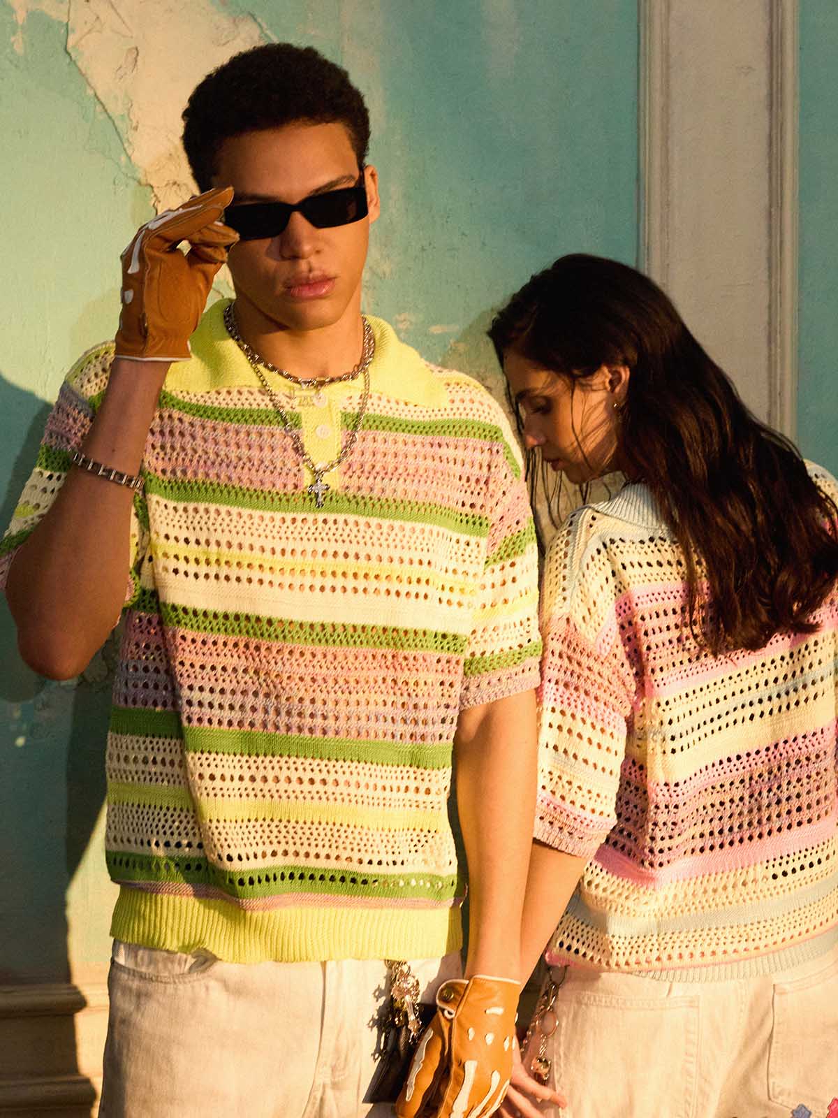 Pastel Striped Crochet Knit Short Sleeve Polo Shirt - Image 6