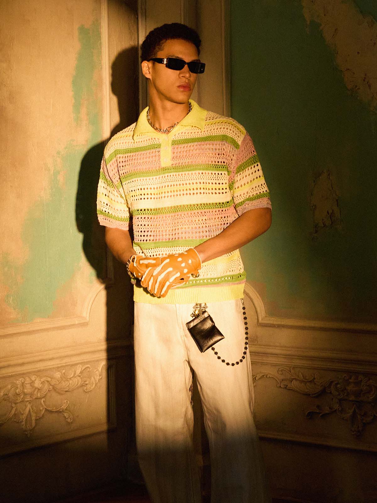Pastel Striped Crochet Knit Short Sleeve Polo Shirt - Image 8