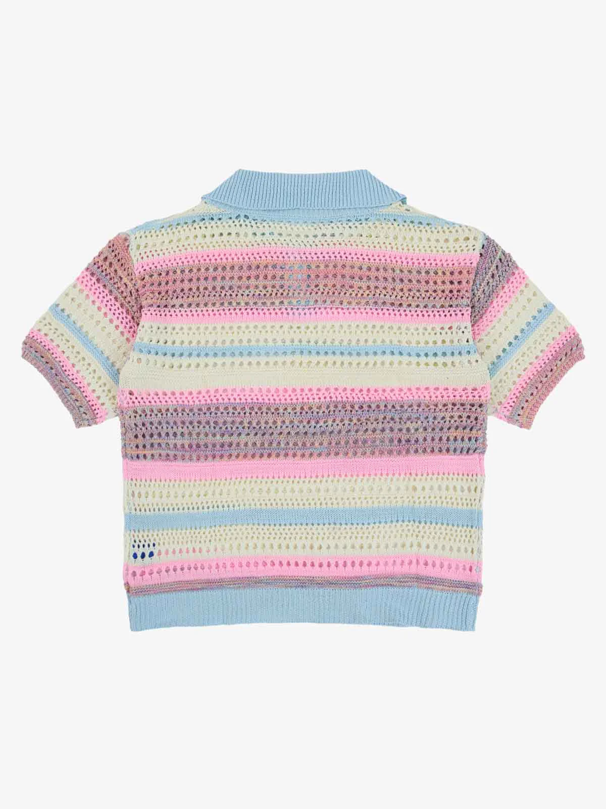 Pastel Striped Crochet Knit Short Sleeve Polo Shirt - Image 9