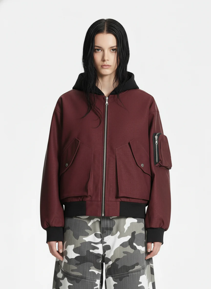 Patchwork Faux Leather Hooded Two-Piece Jacket