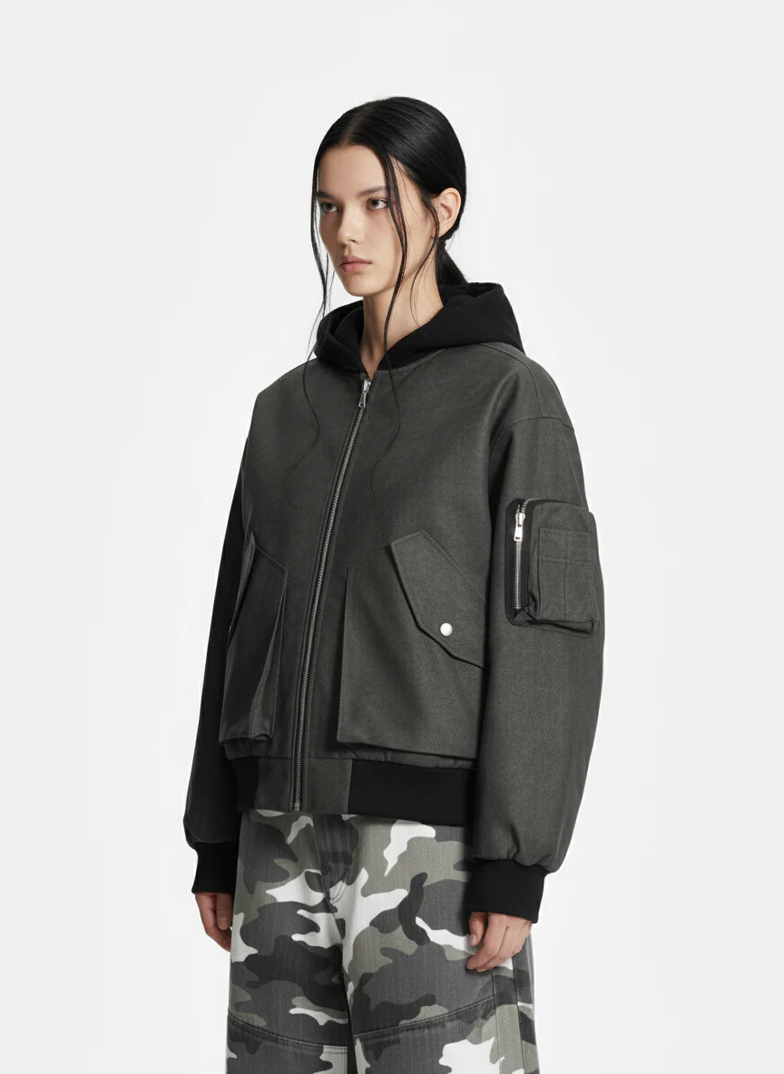 Patchwork Faux Leather Hooded Two-Piece Jacket - Image 12