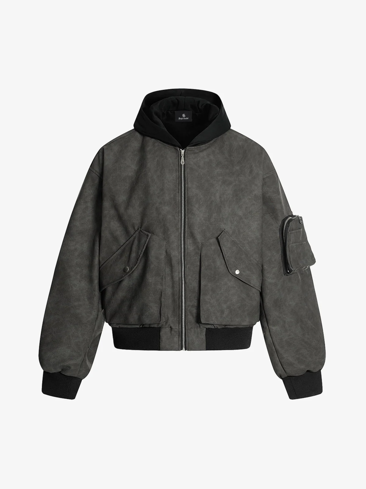 Patchwork Faux Leather Hooded Two-Piece Jacket - Image 2