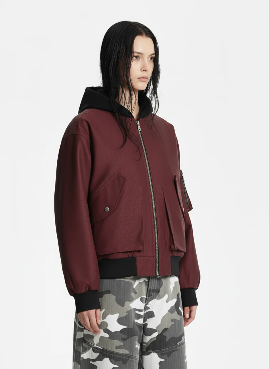 Patchwork Faux Leather Hooded Two-Piece Jacket - Image 6