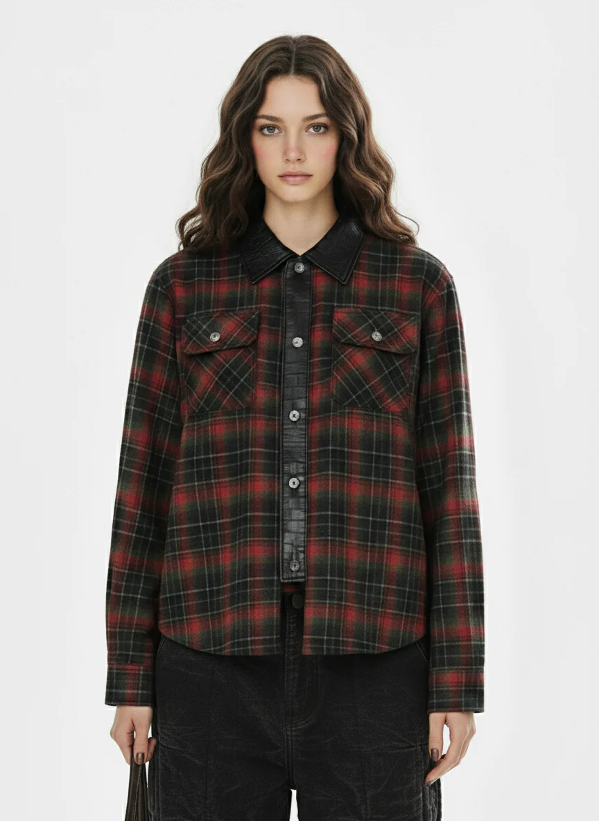 Retro Crocodile-Embossed Leather Patchwork Plaid Shirt