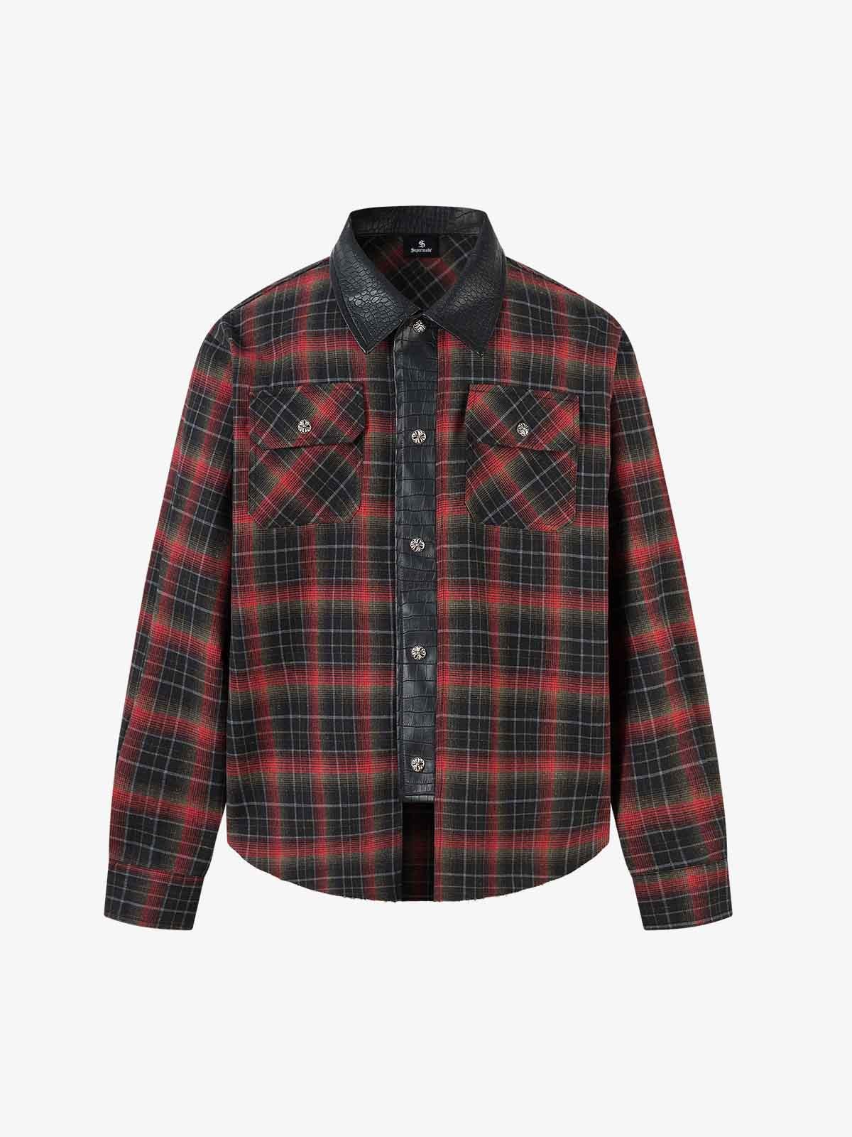 Retro Crocodile-Embossed Leather Patchwork Plaid Shirt - Image 2