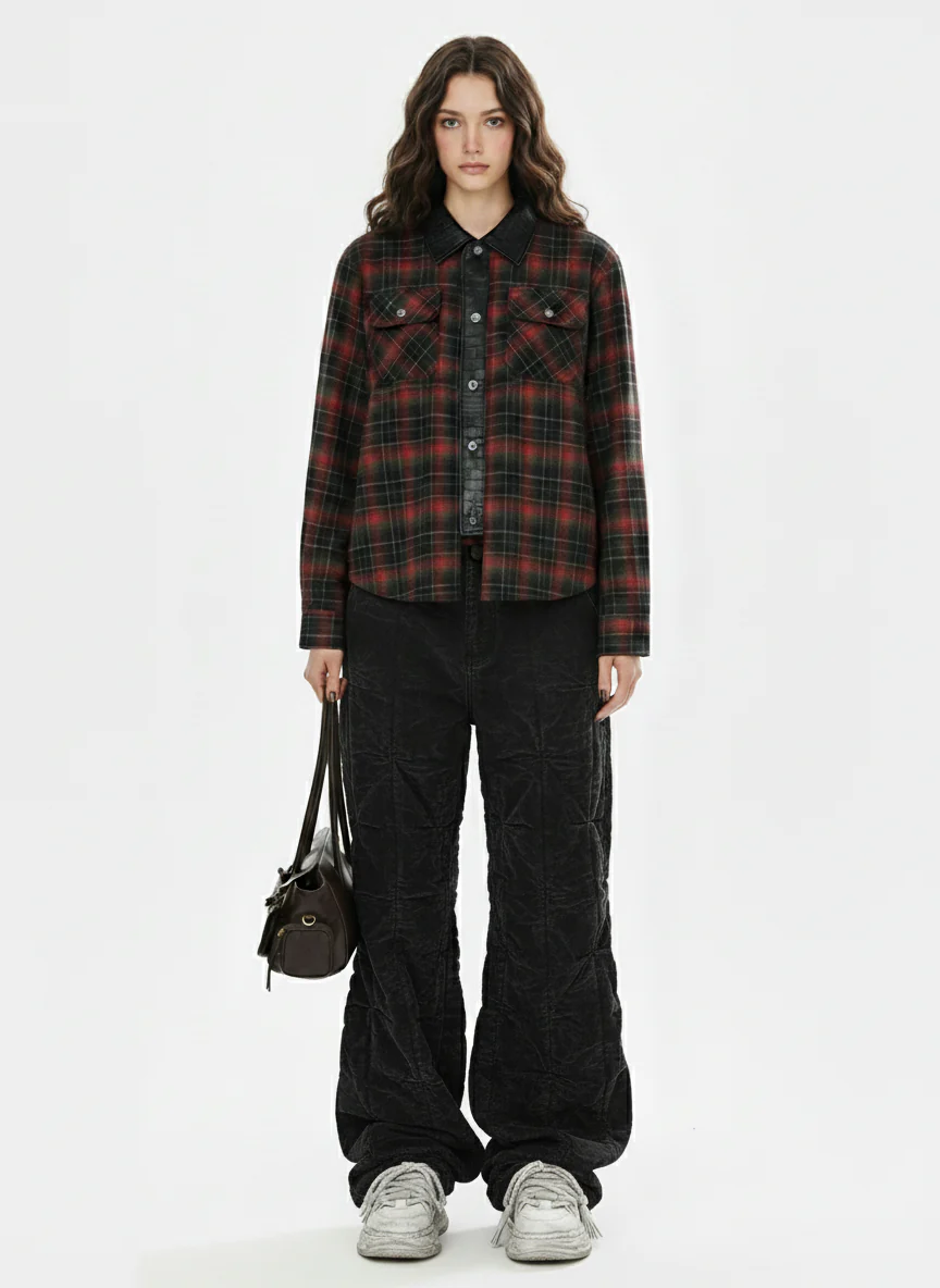 Retro Crocodile-Embossed Leather Patchwork Plaid Shirt - Image 3