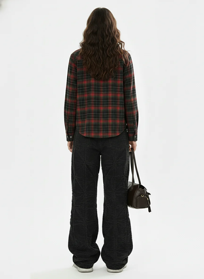 Retro Crocodile-Embossed Leather Patchwork Plaid Shirt - Image 4
