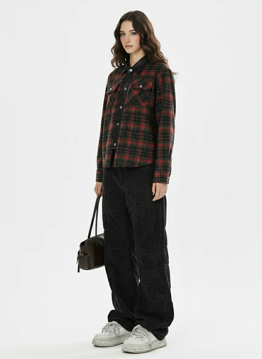 Retro Crocodile-Embossed Leather Patchwork Plaid Shirt - Image 5