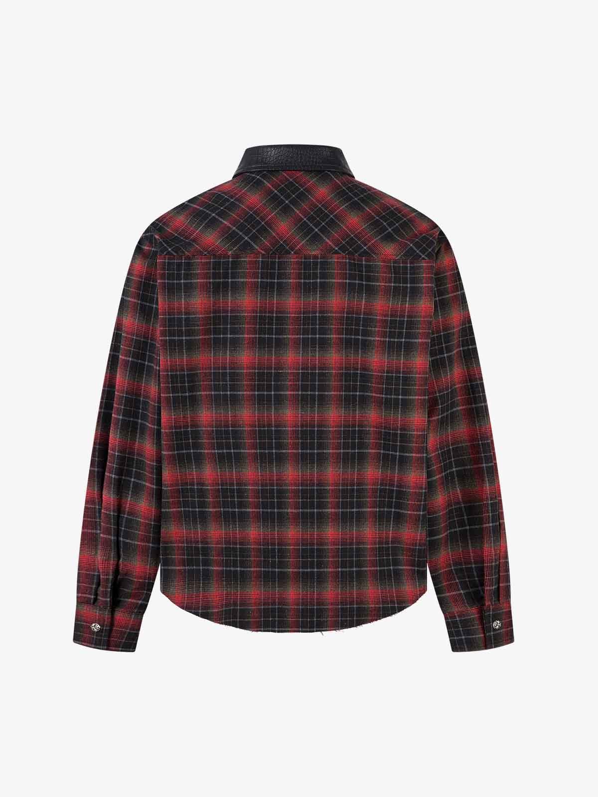 Retro Crocodile-Embossed Leather Patchwork Plaid Shirt - Image 6