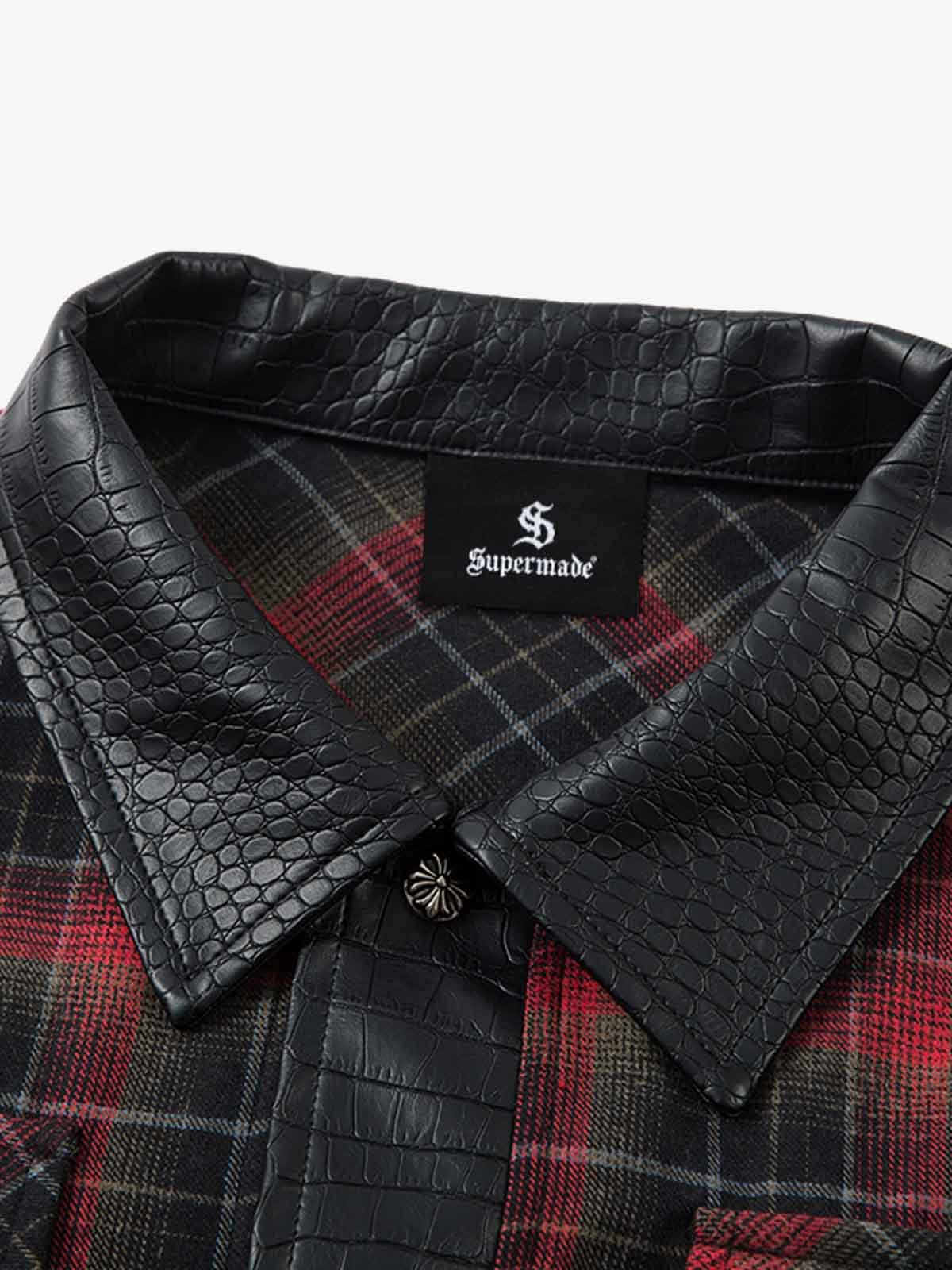 Retro Crocodile-Embossed Leather Patchwork Plaid Shirt - Image 7