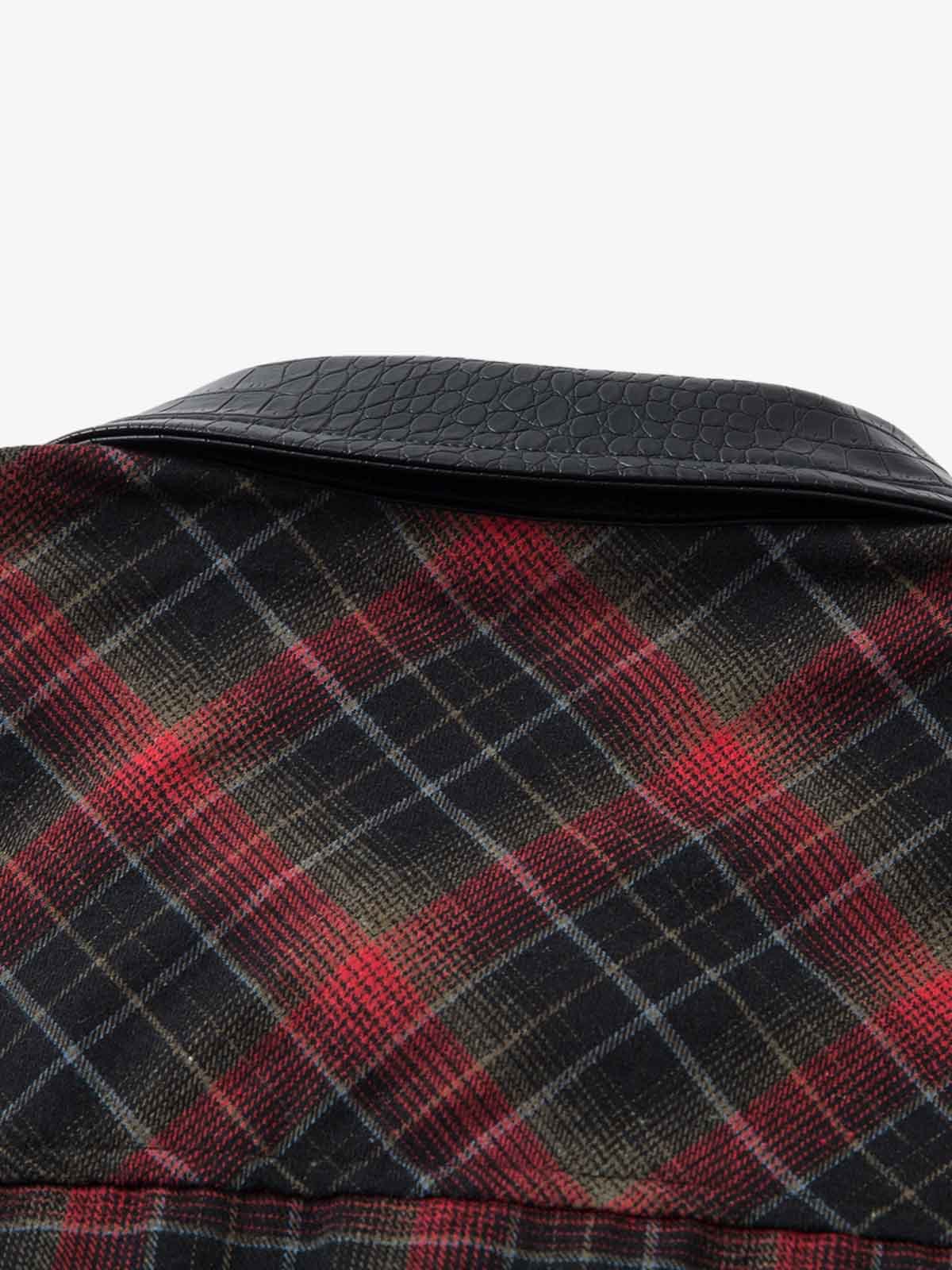 Retro Crocodile-Embossed Leather Patchwork Plaid Shirt - Image 8