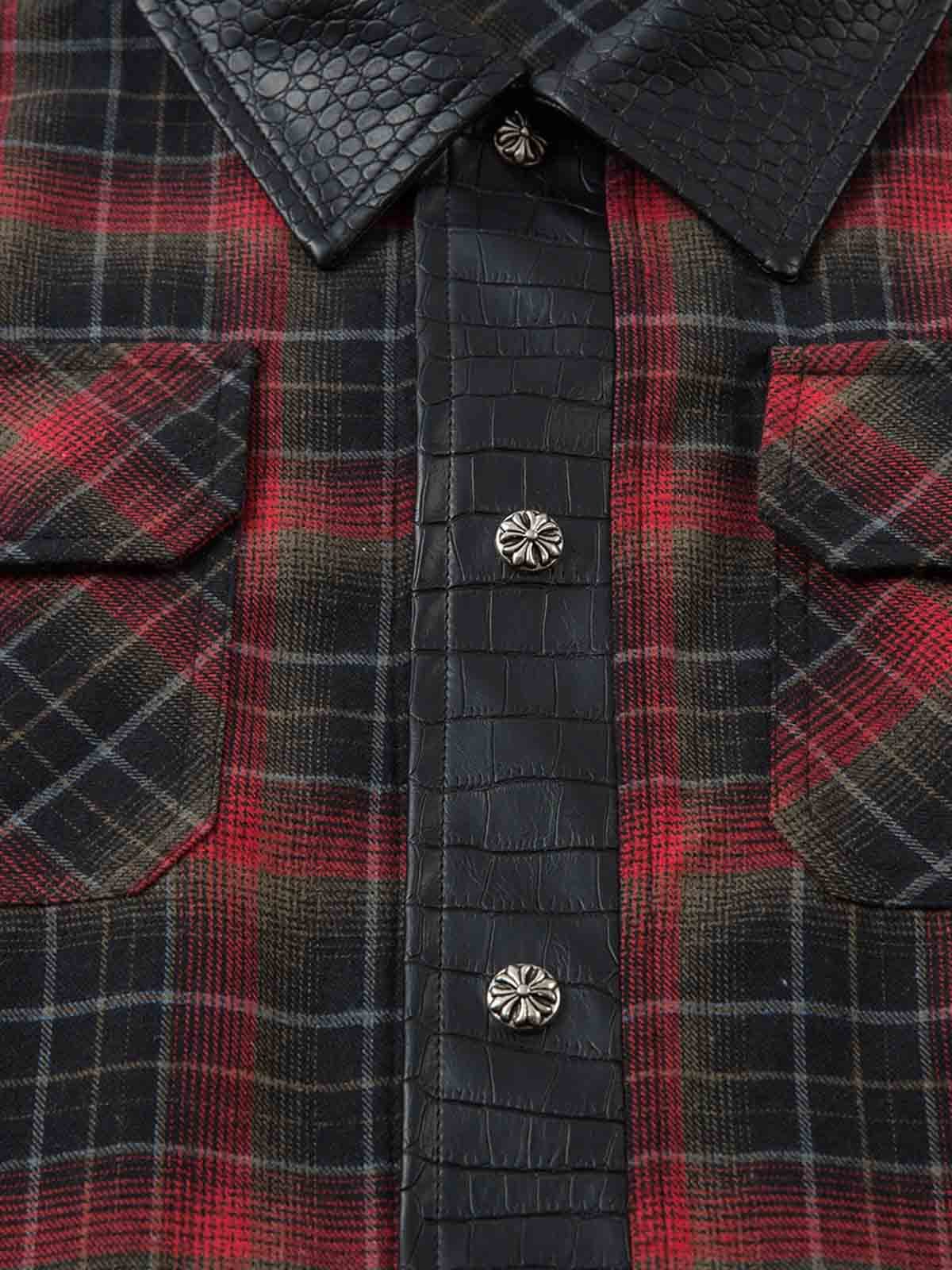 Retro Crocodile-Embossed Leather Patchwork Plaid Shirt - Image 9