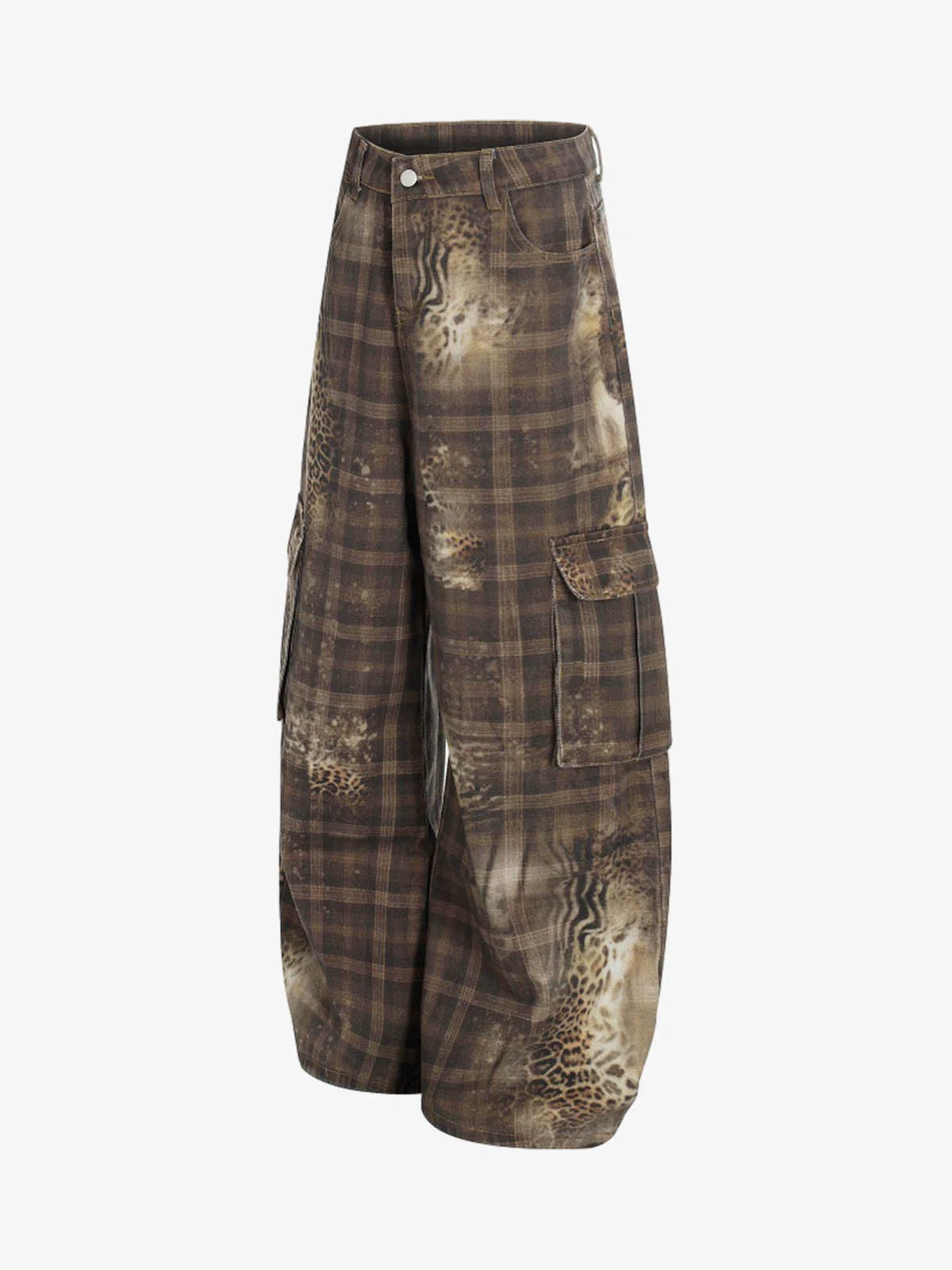 Plaid Leopard Print Cargo Barrel Jeans - Image 2
