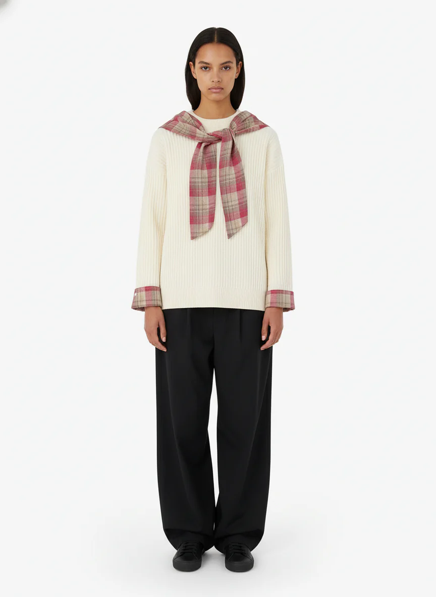 Plaid Scarf Patchwork Contrast Knit Sweater