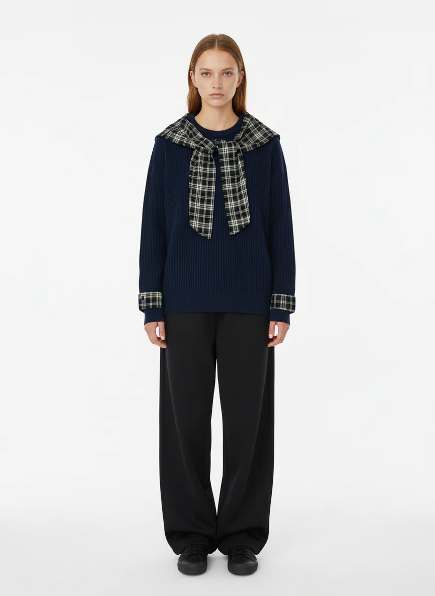 Plaid Scarf Patchwork Contrast Knit Sweater - Image 2