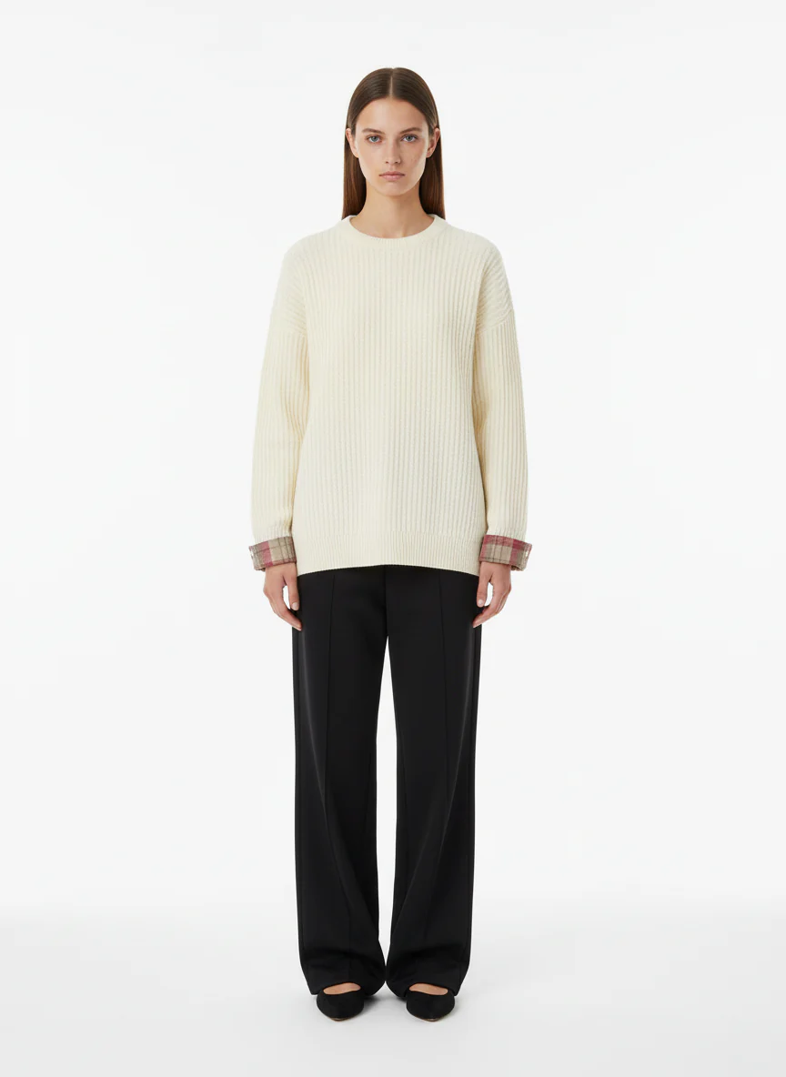 Plaid Scarf Patchwork Contrast Knit Sweater - Image 3