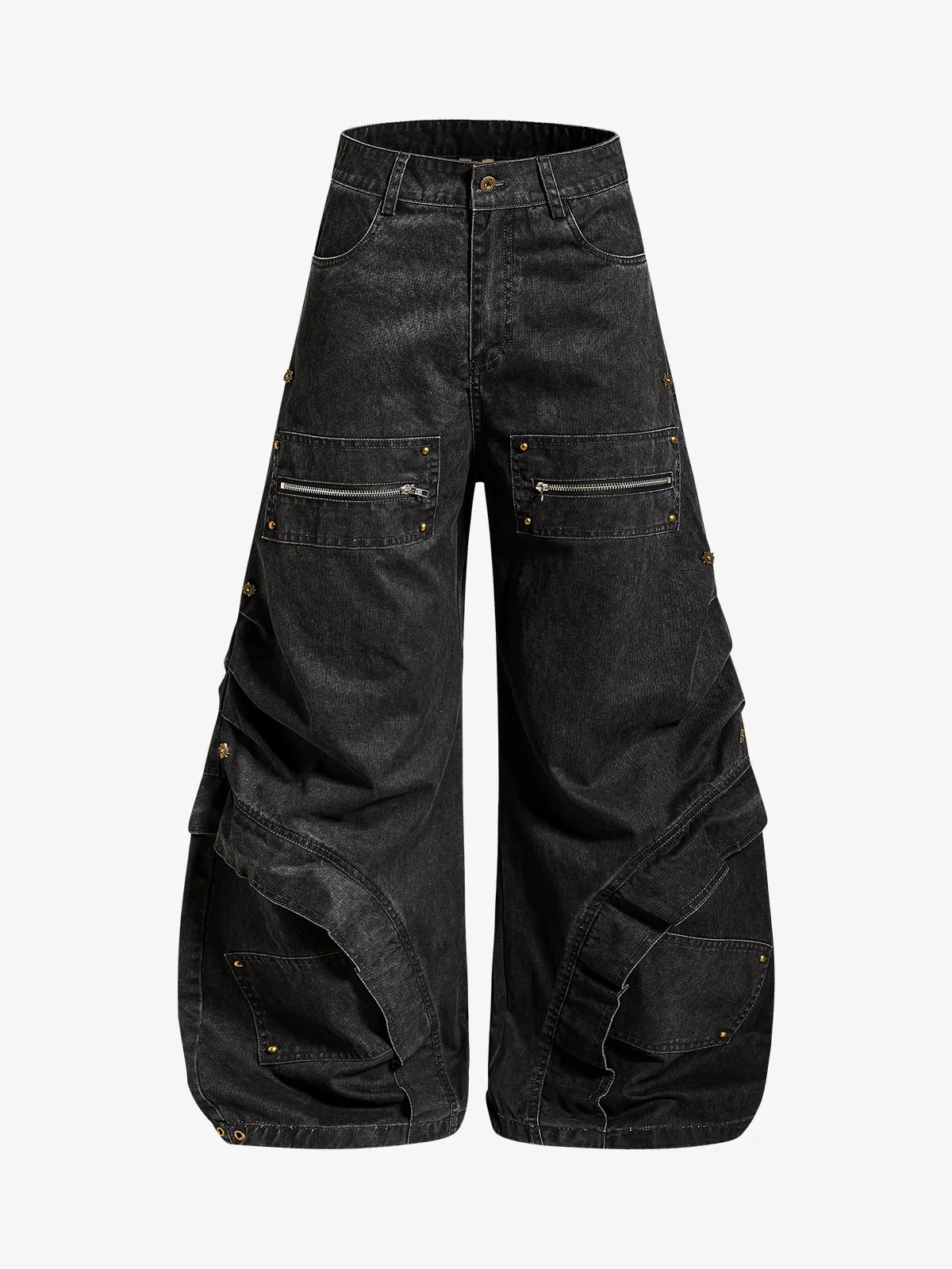 Pleated Panel Curved Leg Cargo Cotton Pants