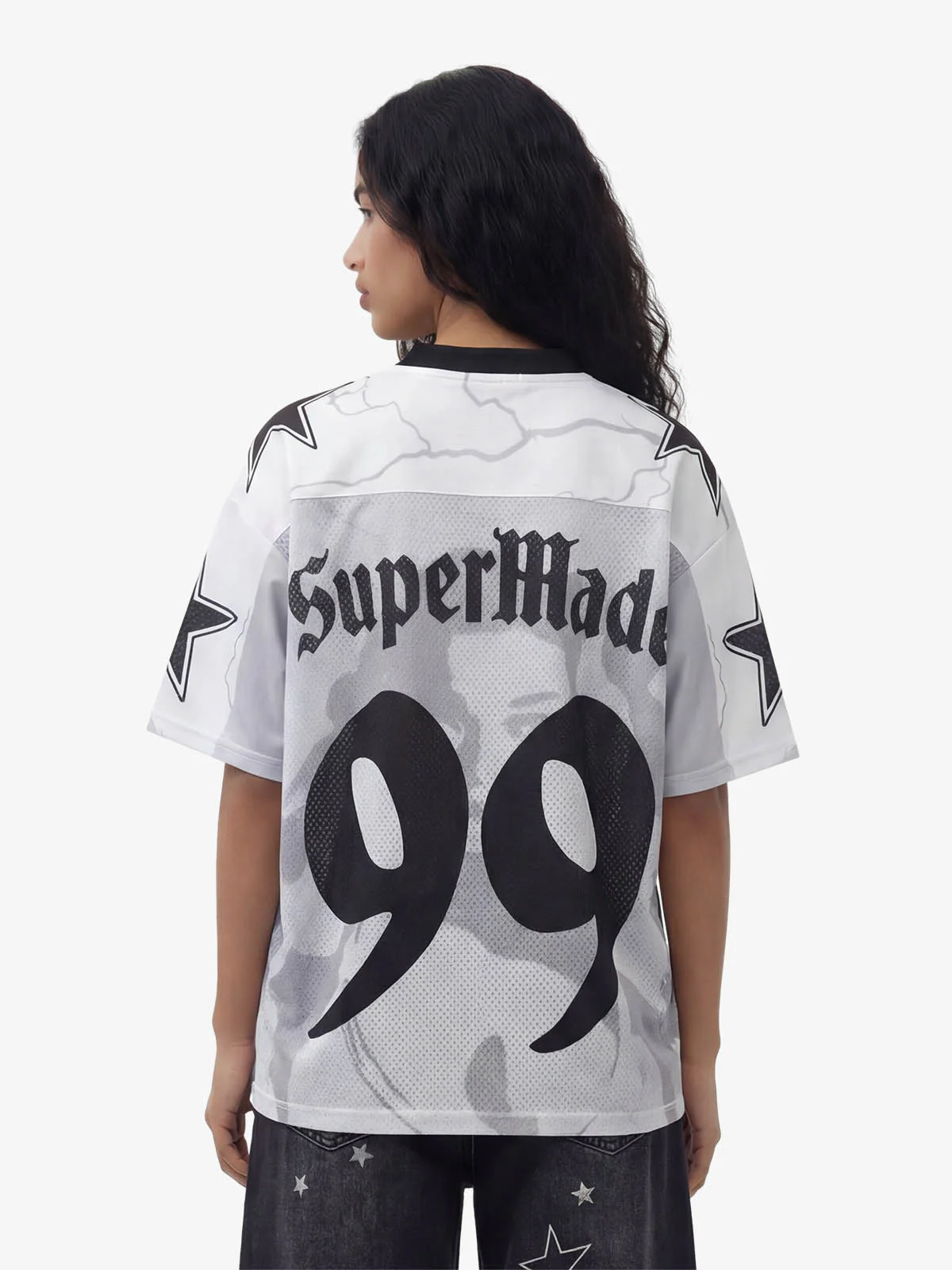 Portrait Graphic Star Print 99 Gothic Font Mesh Jersey T-Shirt - Image 3