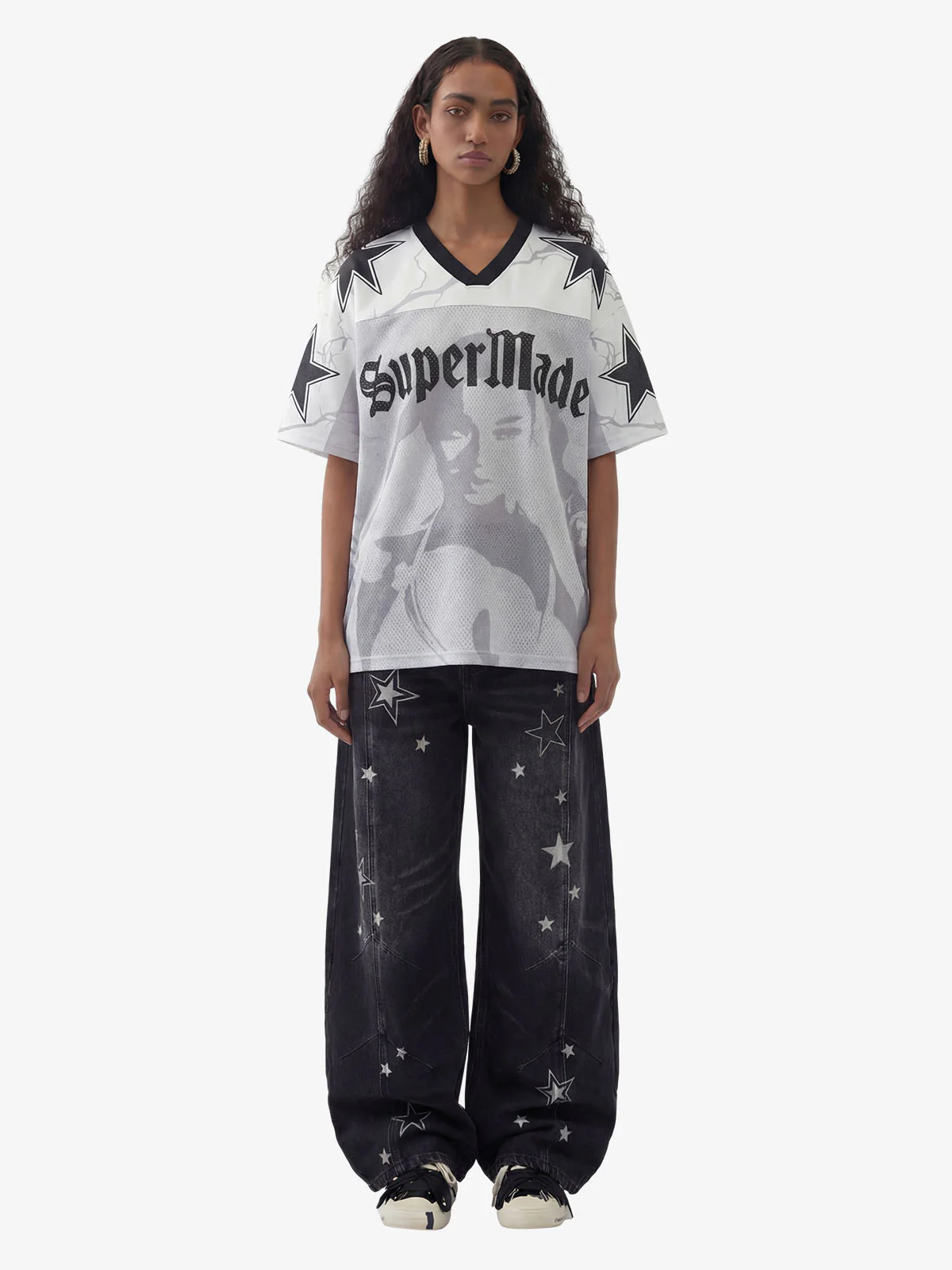 Portrait Graphic Star Print 99 Gothic Font Mesh Jersey T-Shirt - Image 4