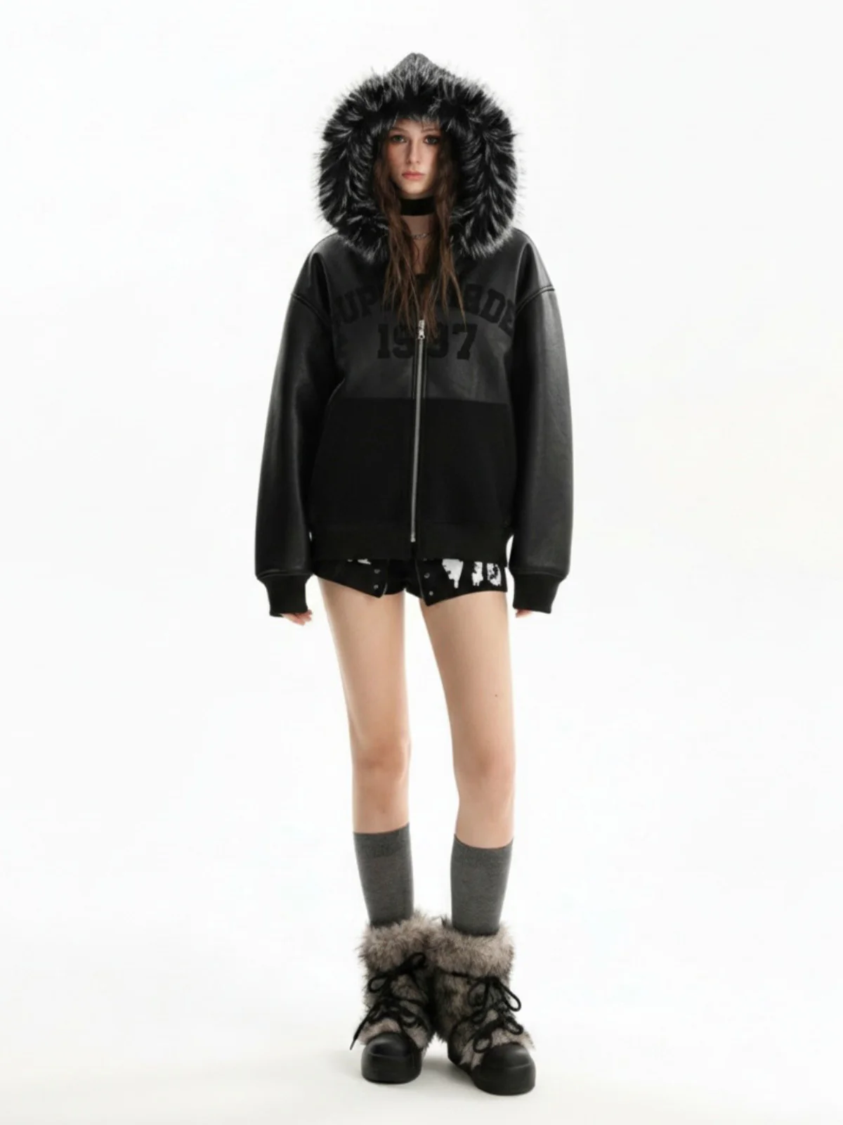 PU Leather Faux Fur Hooded Trim Fleece Spliced Zip Up Jacket - Image 3