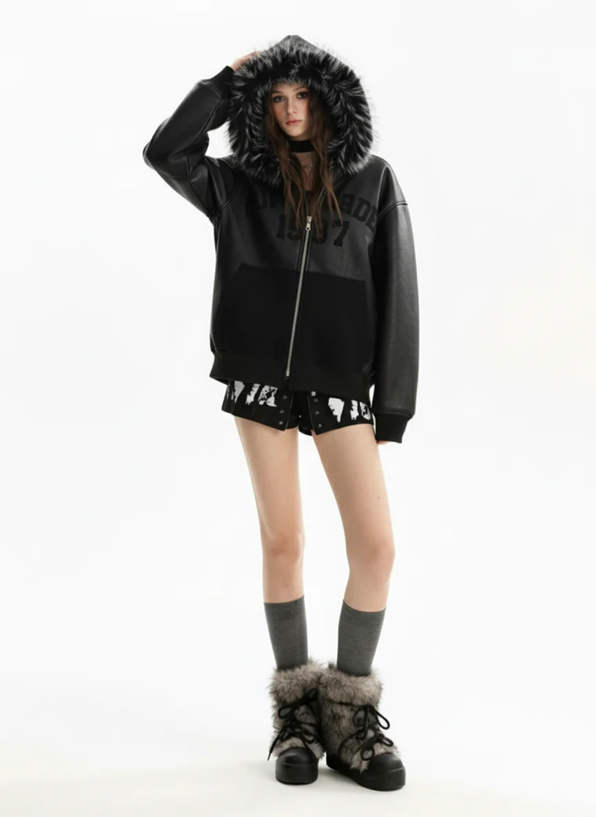 PU Leather Faux Fur Hooded Trim Fleece Spliced Zip Up Jacket - Image 4