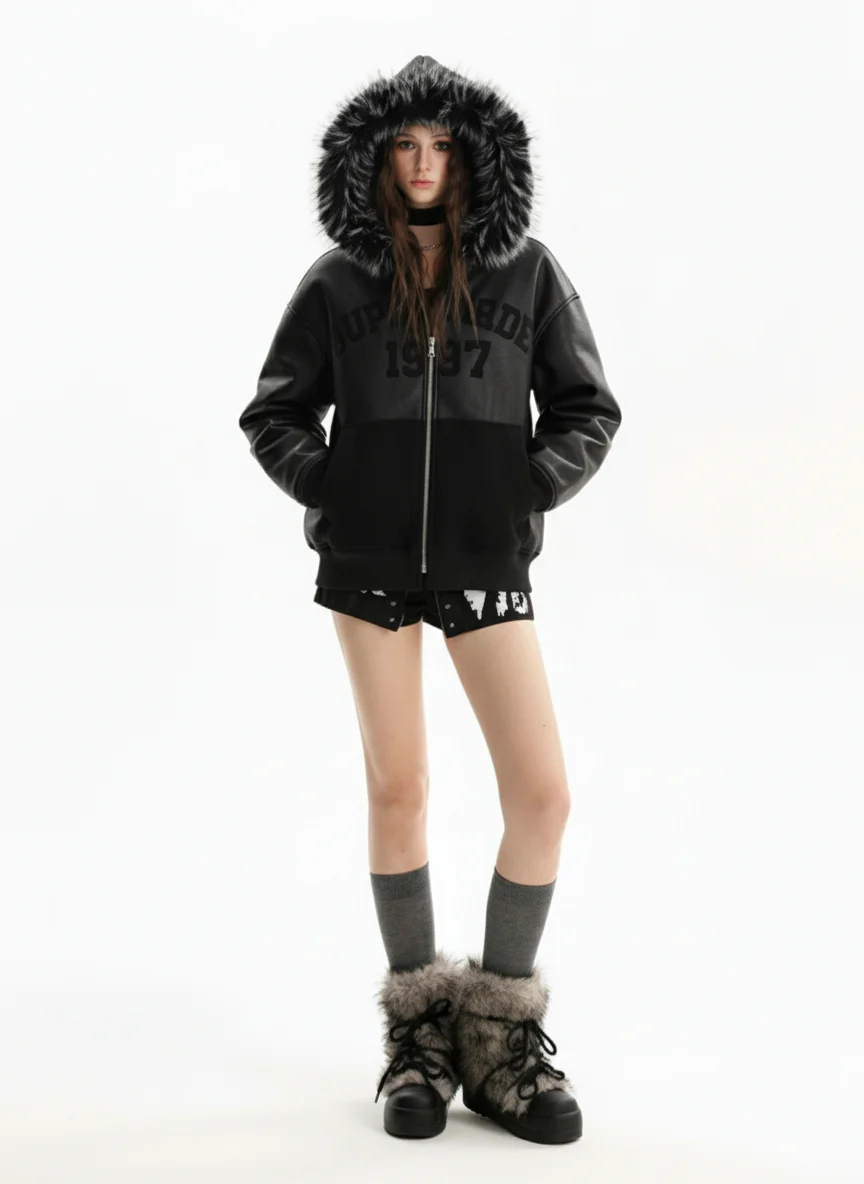 PU Leather Faux Fur Hooded Trim Fleece Spliced Zip Up Jacket - Image 5