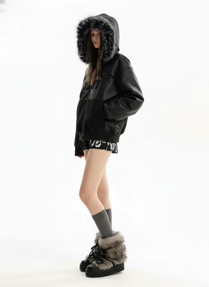 PU Leather Faux Fur Hooded Trim Fleece Spliced Zip Up Jacket - Image 6