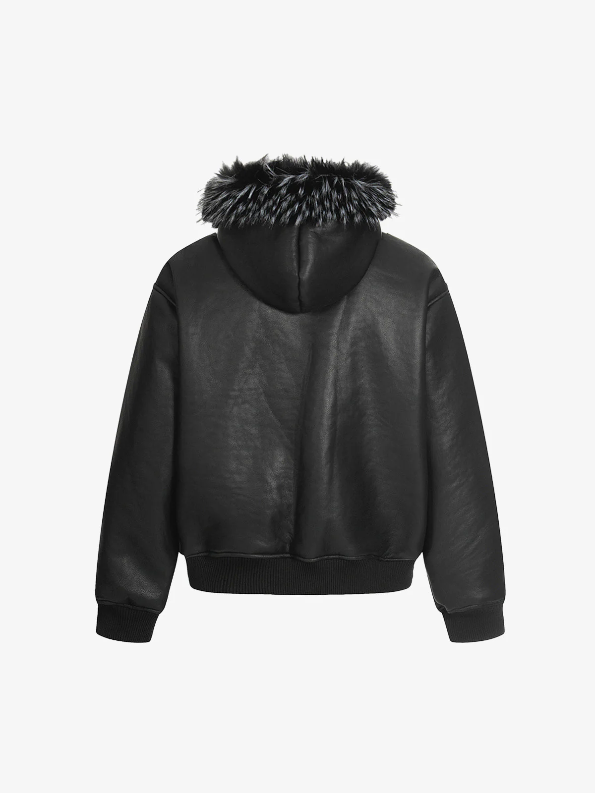 PU Leather Faux Fur Hooded Trim Fleece Spliced Zip Up Jacket - Image 7