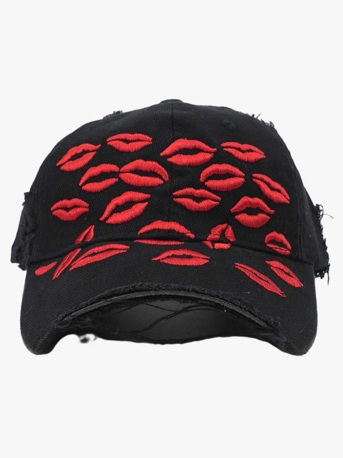 Red Lip Embroidery Distressed Baseball Cap - Image 4