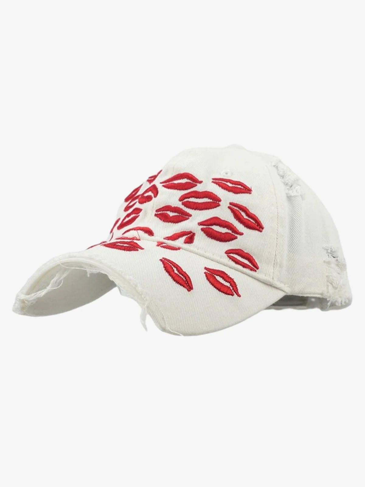Red Lip Embroidery Distressed Baseball Cap - Image 5
