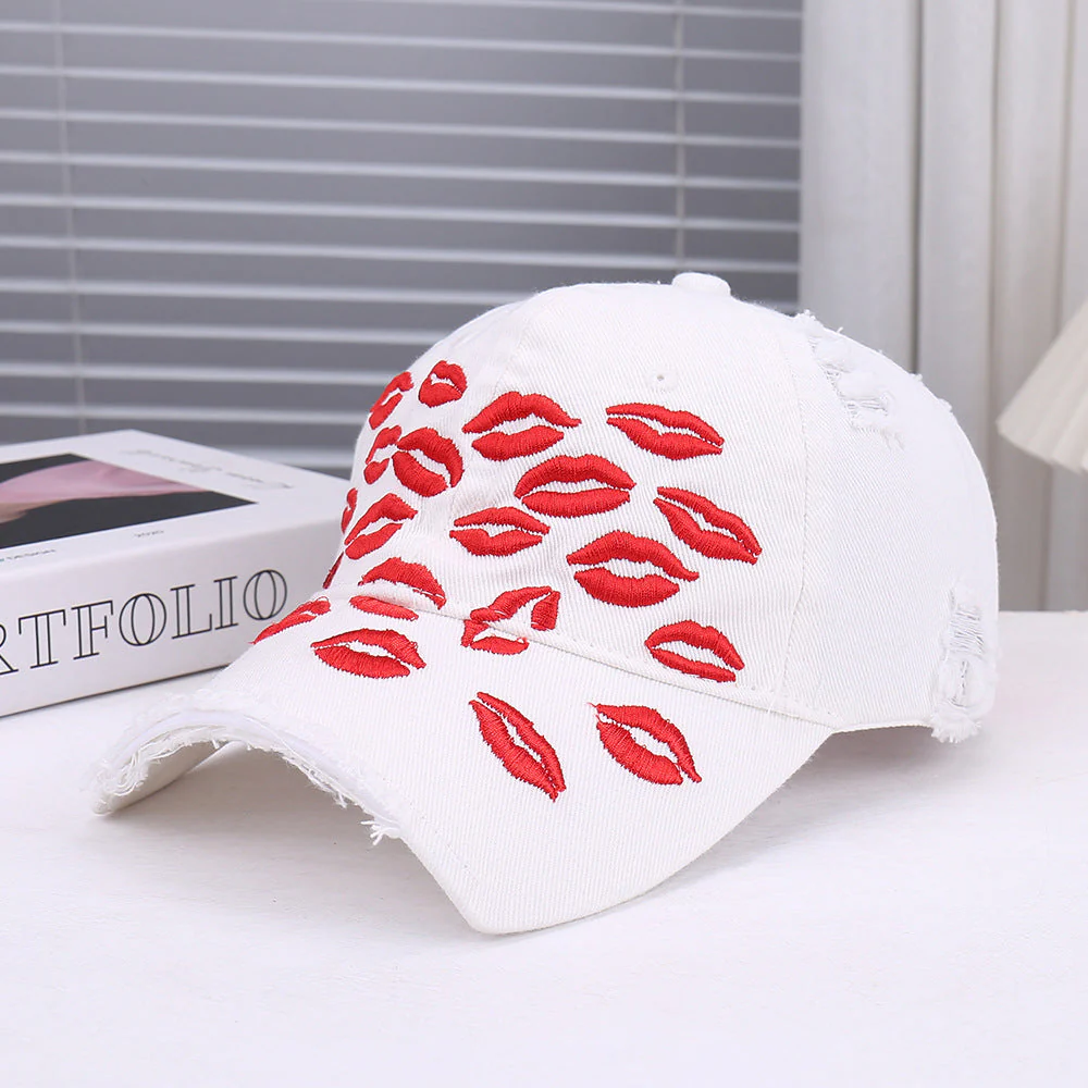 Red Lip Embroidery Distressed Baseball Cap - Image 7