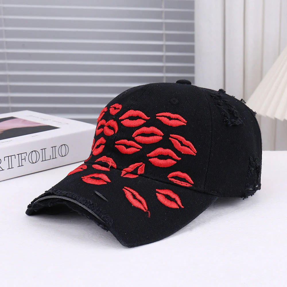 Red Lip Embroidery Distressed Baseball Cap - Image 8
